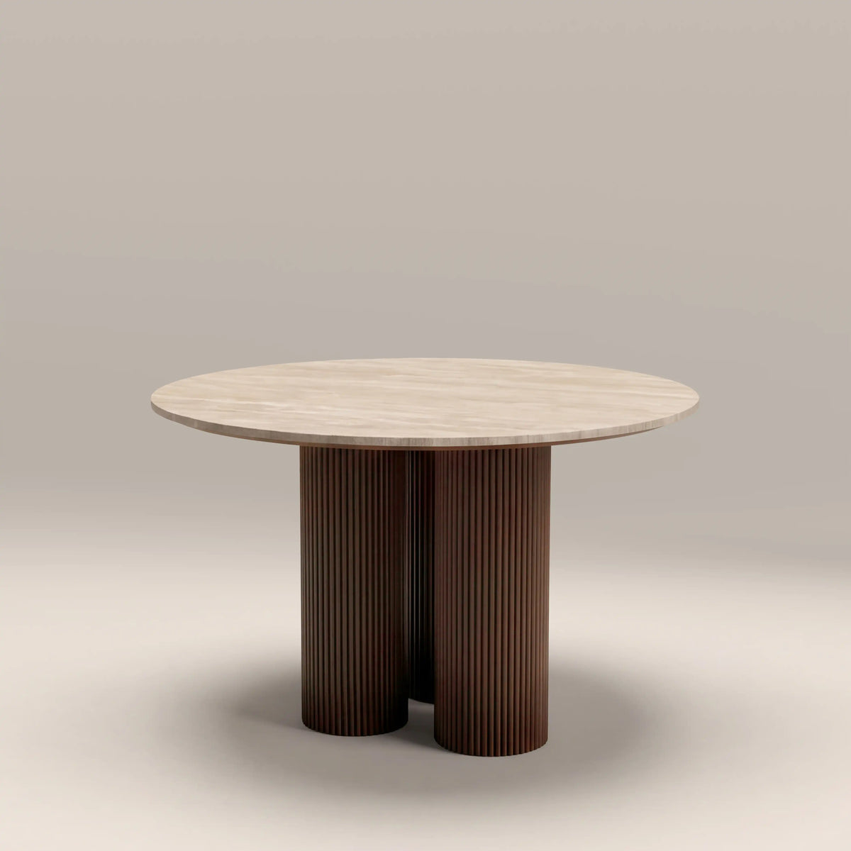 Skylar 4 Seat Round Dining Table | Natural Travertine & Smoked Walnut — view 3
