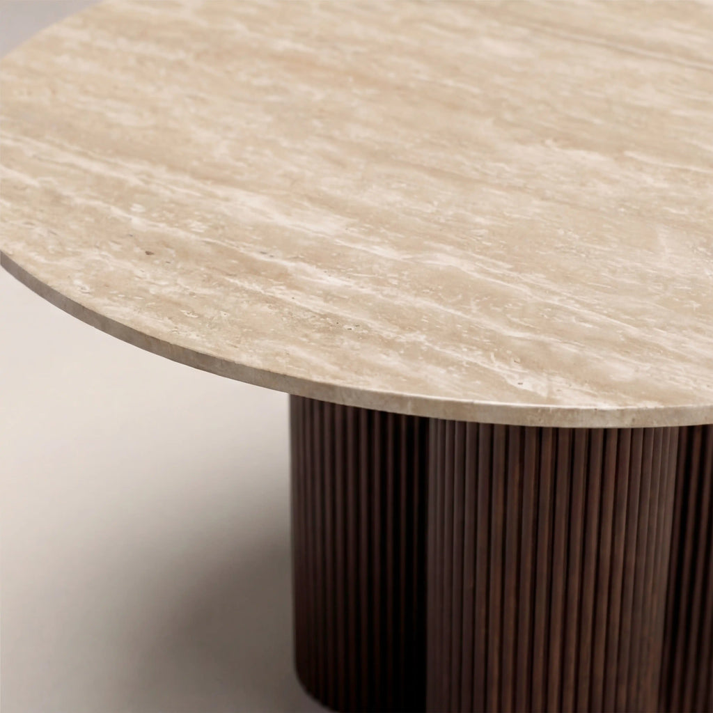 Skylar 4 Seat Round Dining Table | Natural Travertine & Smoked Walnut — view 5
