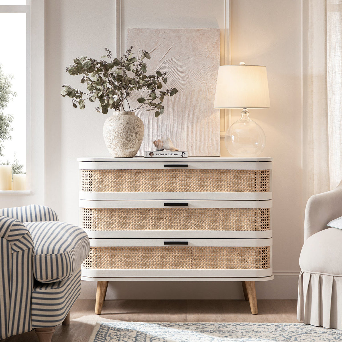 Izzy Curved Rattan Chest of 3 Drawers, White — dressing table from 2nd Time Around