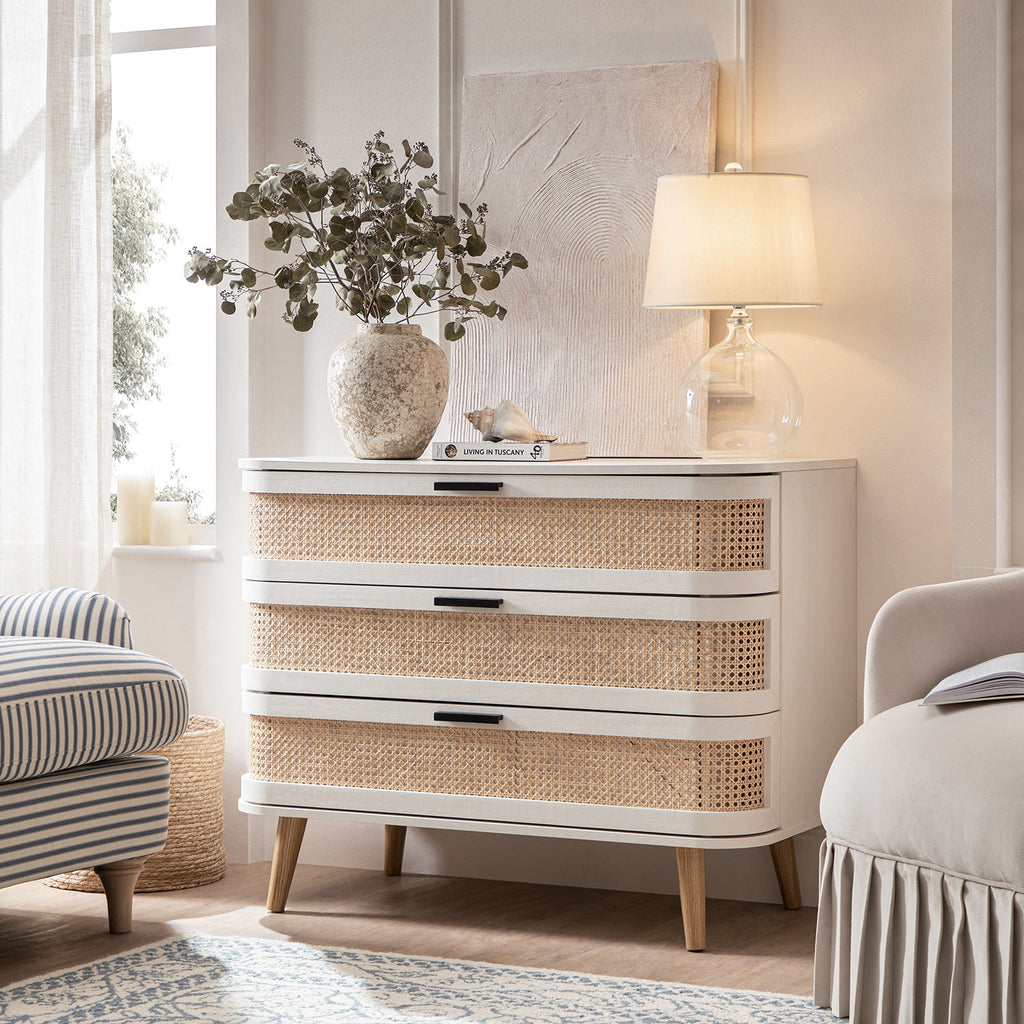 Izzy Curved Rattan Chest of 3 Drawers, White — view 2