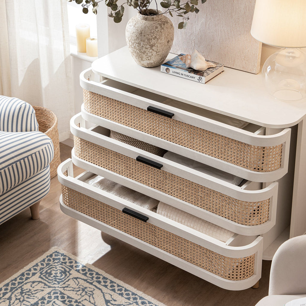 Izzy Curved Rattan Chest of 3 Drawers, White — view 3