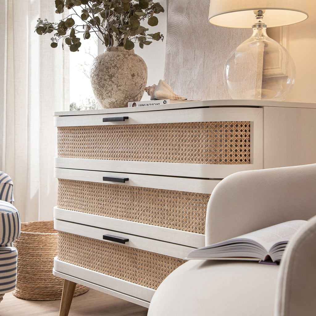 Izzy Curved Rattan Chest of 3 Drawers, White — view 5