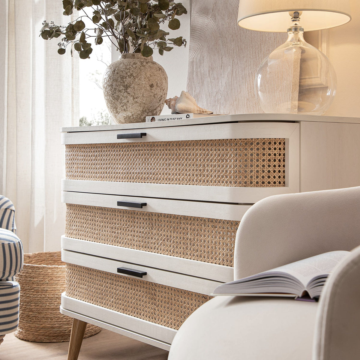 Izzy Curved Rattan Chest of 3 Drawers, White — view 5