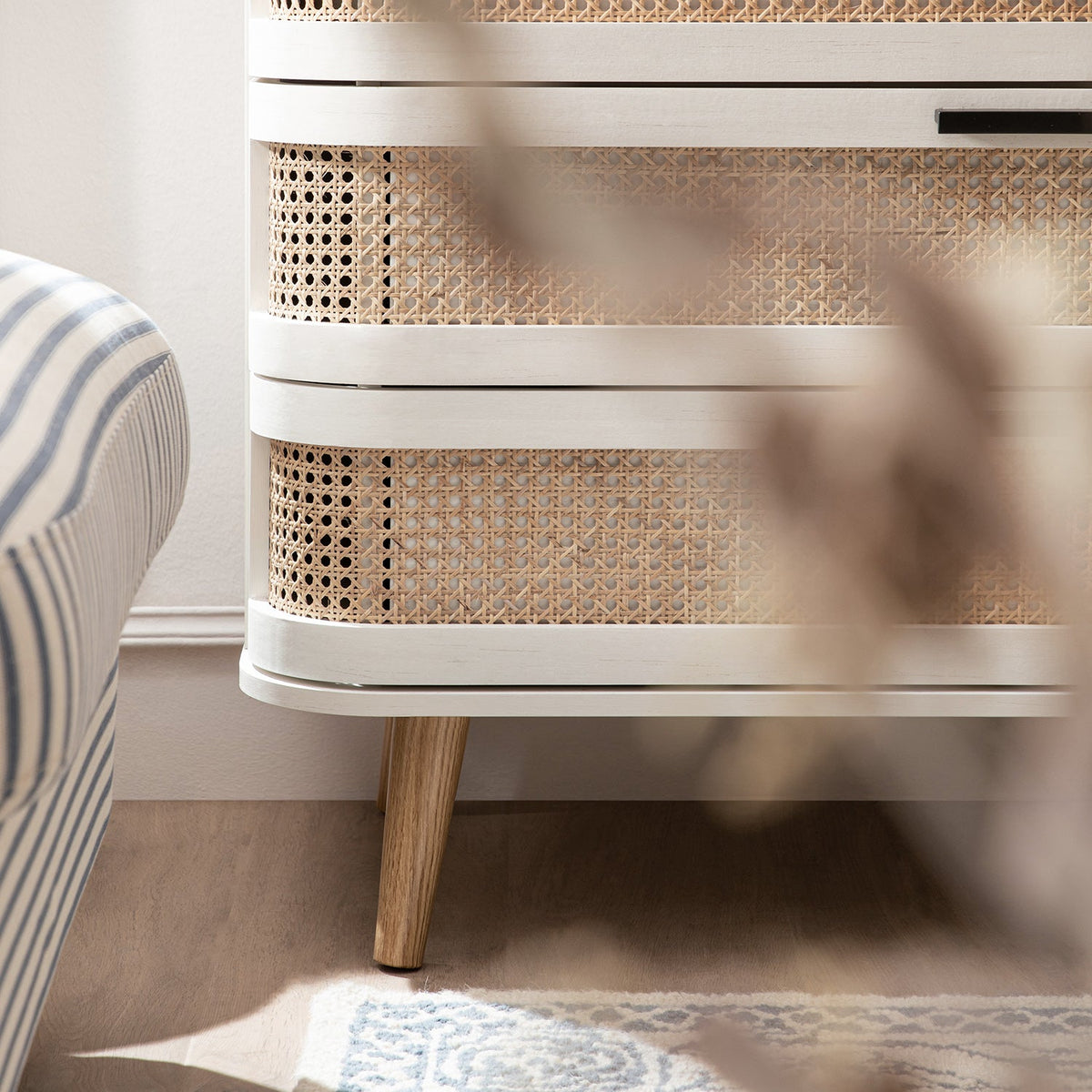 Izzy Curved Rattan Chest of 3 Drawers, White — view 6