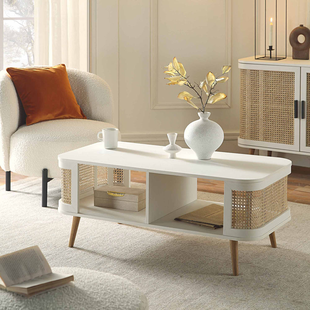 Izzy Curved Rattan Coffee Table, White — dressing table from 2nd Time Around