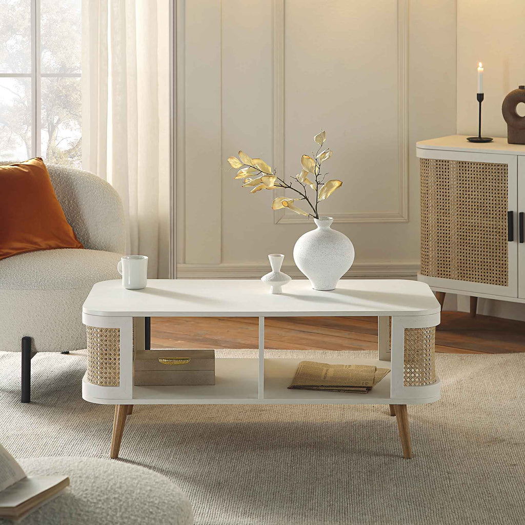 Izzy Curved Rattan Coffee Table, White — view 2