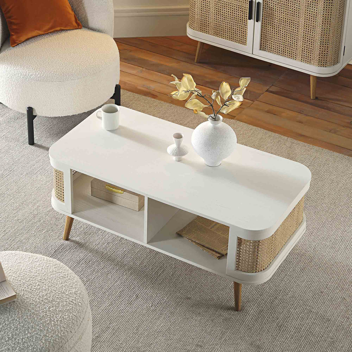 Izzy Curved Rattan Coffee Table, White — view 3