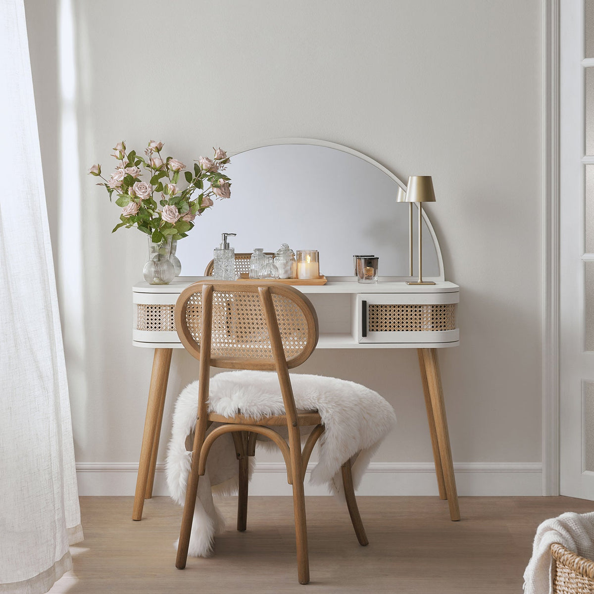 Izzy Curved Rattan Dressing Table, White — dressing table from 2nd Time Around