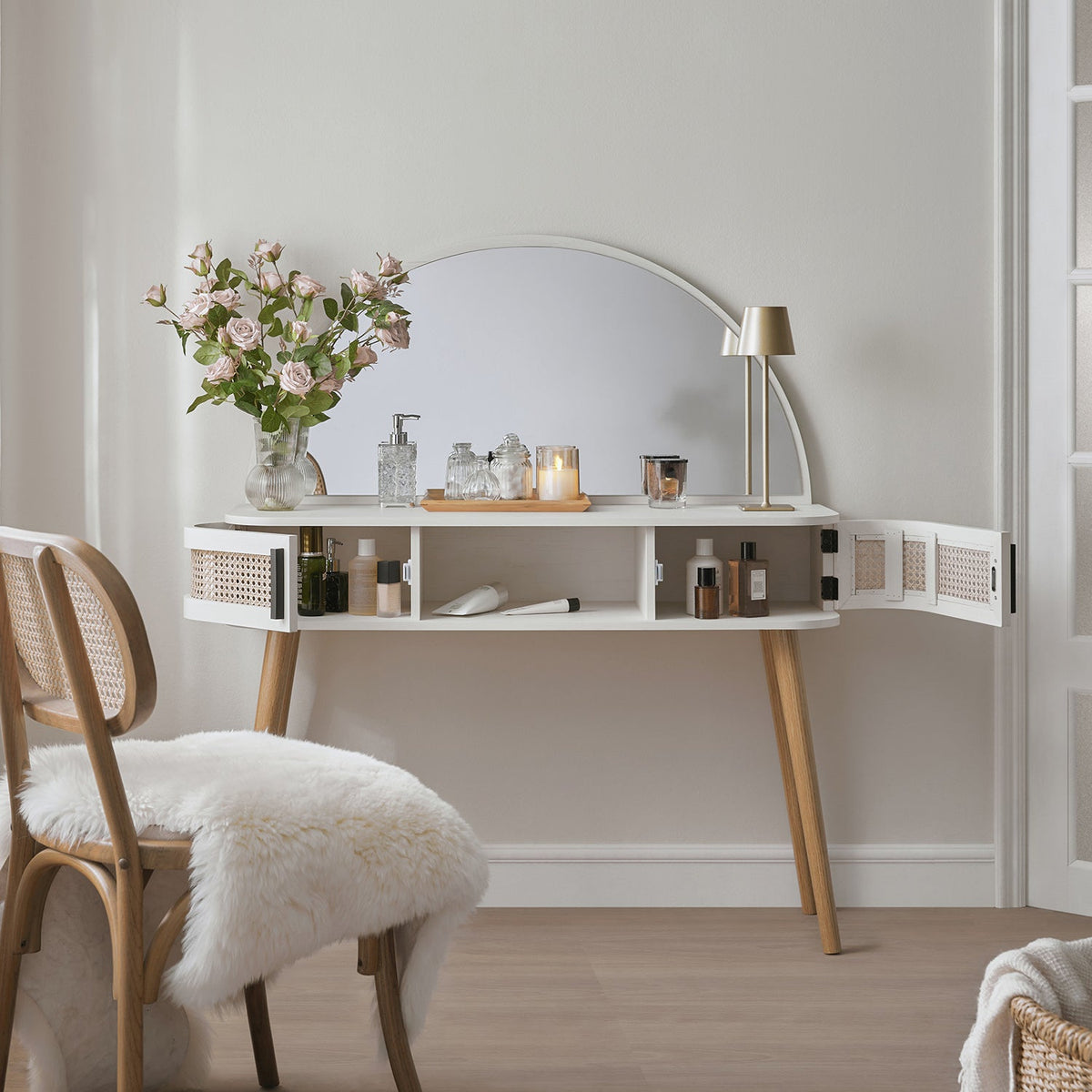 Izzy Curved Rattan Dressing Table, White — view 3