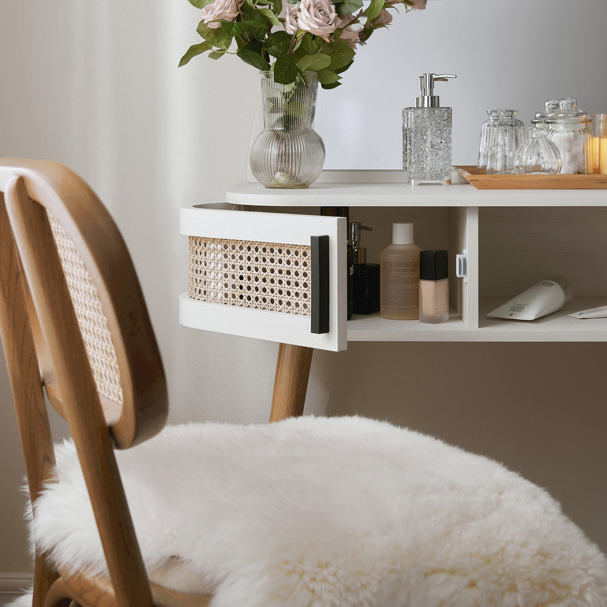 Izzy Curved Rattan Dressing Table, White — view 6