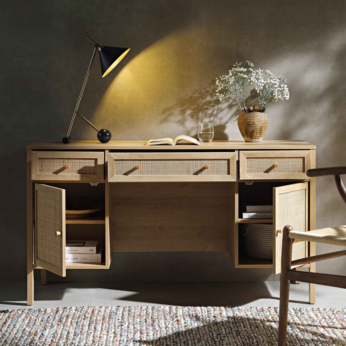 Frances Woven Rattan 3-Drawer Desk, Natural — view 3