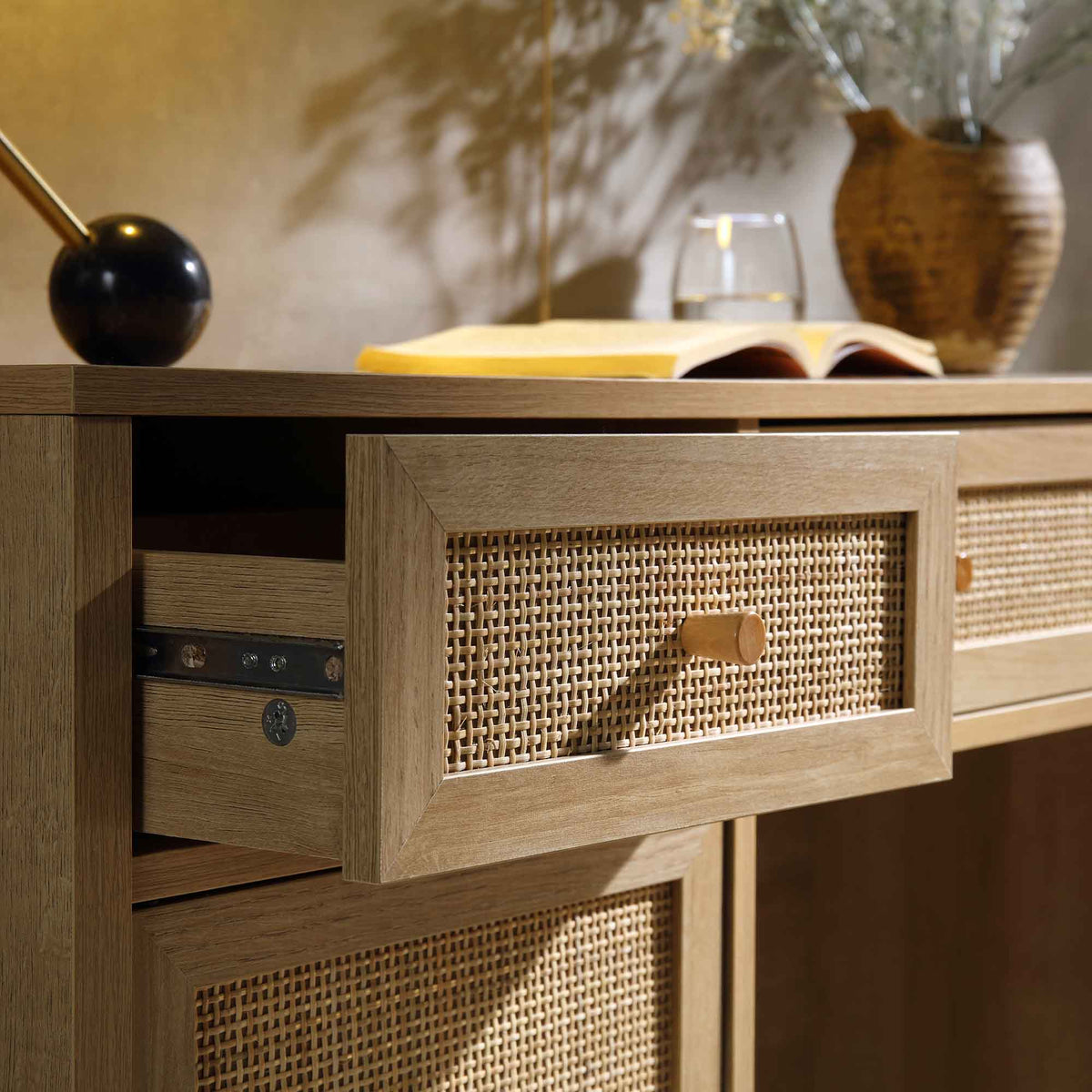 Frances Woven Rattan 3-Drawer Desk, Natural — view 4