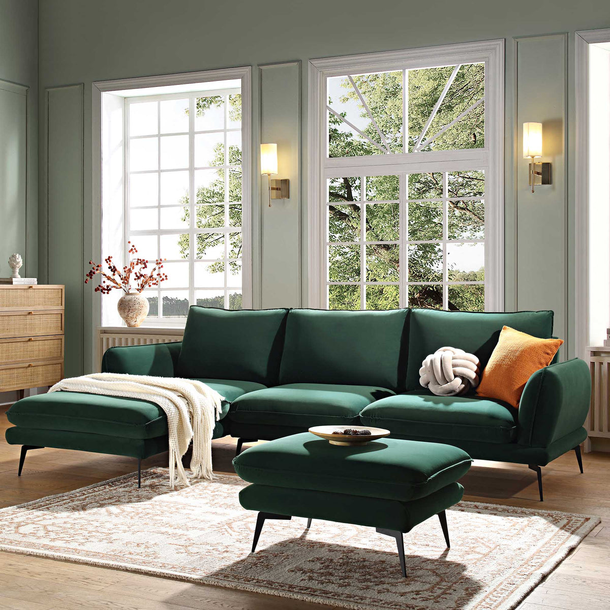 Obriel Forest Green Velvet Sofa, Grande Chaise Sofa Left Hand Facing — corner sofa from 2nd Time Around