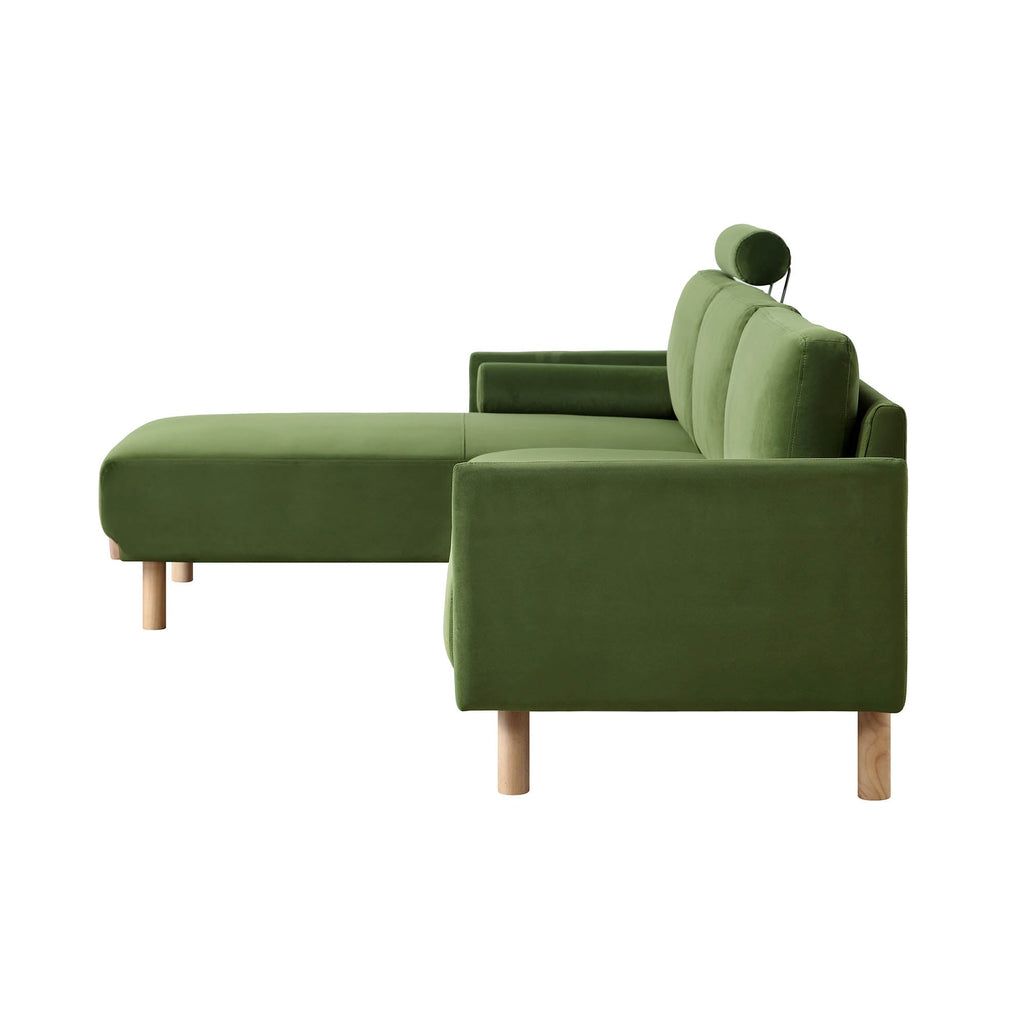 Timber Fern Green Velvet Sofa, Large 3-Seater Chaise Sofa Left Hand Facing — view 9
