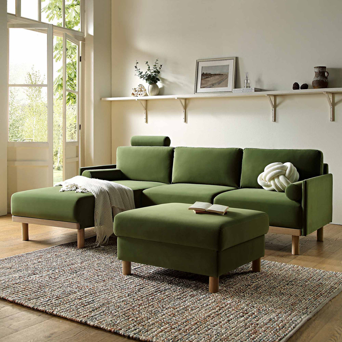 Timber Fern Green Velvet Sofa, Large 3-Seater Chaise Sofa Left Hand Facing — corner sofa from 2nd Time Around