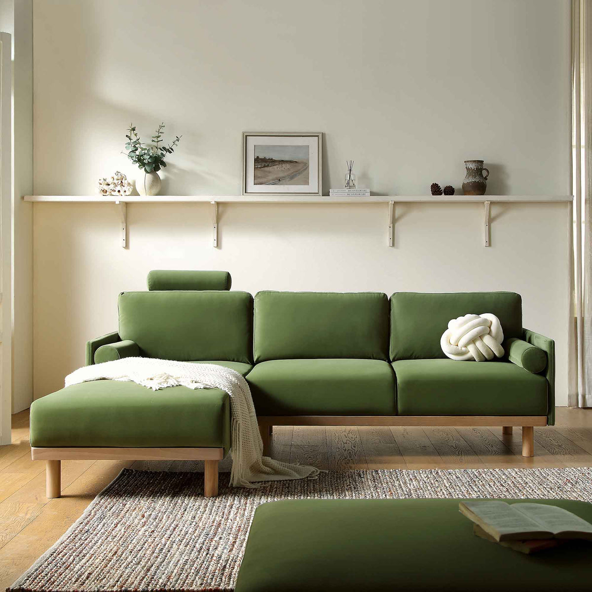 Timber Fern Green Velvet Sofa, Large 3-Seater Chaise Sofa Left Hand Facing — view 2