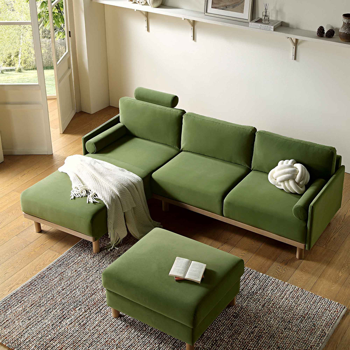 Timber Fern Green Velvet Sofa, Large 3-Seater Chaise Sofa Left Hand Facing — view 3