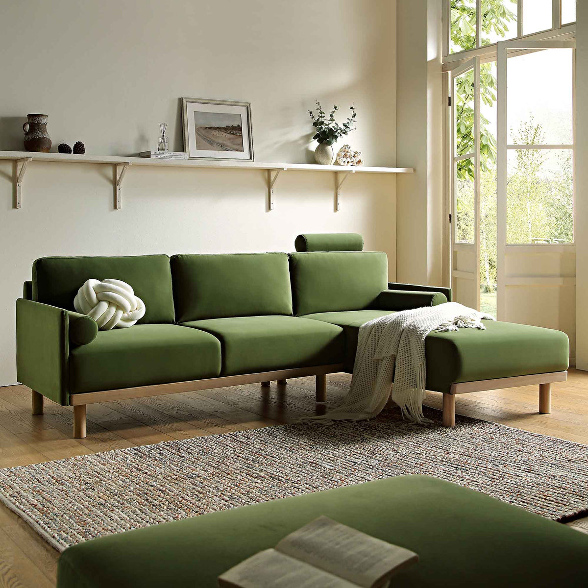 Timber Fern Green Velvet Sofa, Large 3-Seater Chaise Sofa Right Hand Facing — corner sofa from 2nd Time Around
