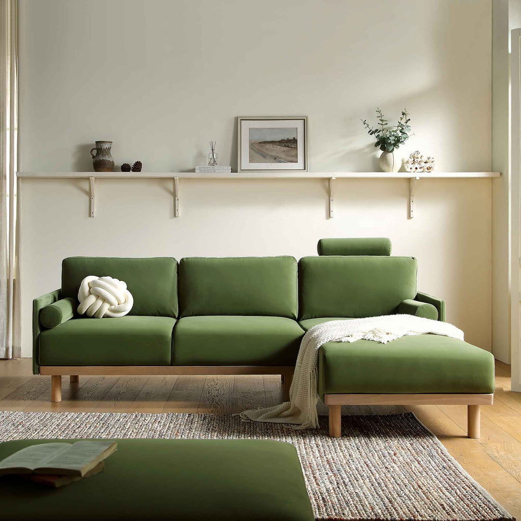 Timber Fern Green Velvet Sofa, Large 3-Seater Chaise Sofa Right Hand Facing — view 2