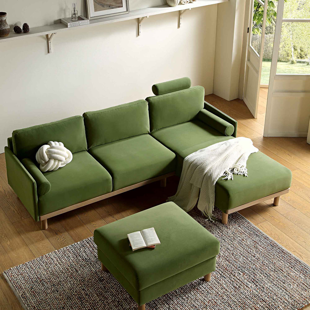 Timber Fern Green Velvet Sofa, Large 3-Seater Chaise Sofa Right Hand Facing — view 3