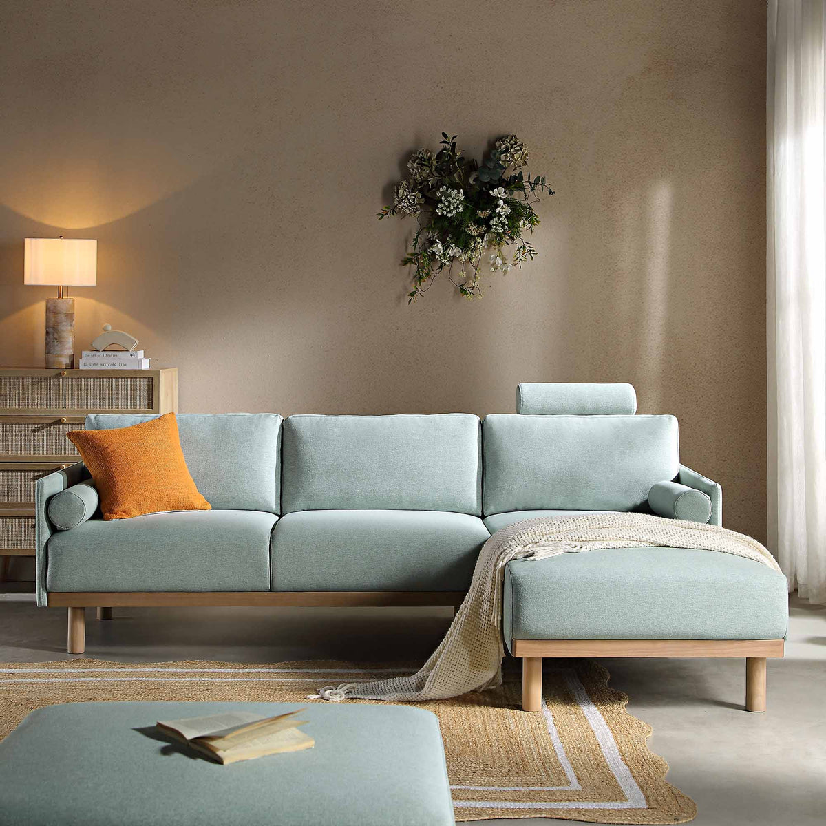 Timber Sage Green Fabric Sofa, Large 3-Seater Chaise Sofa Right Hand Facing — view 2