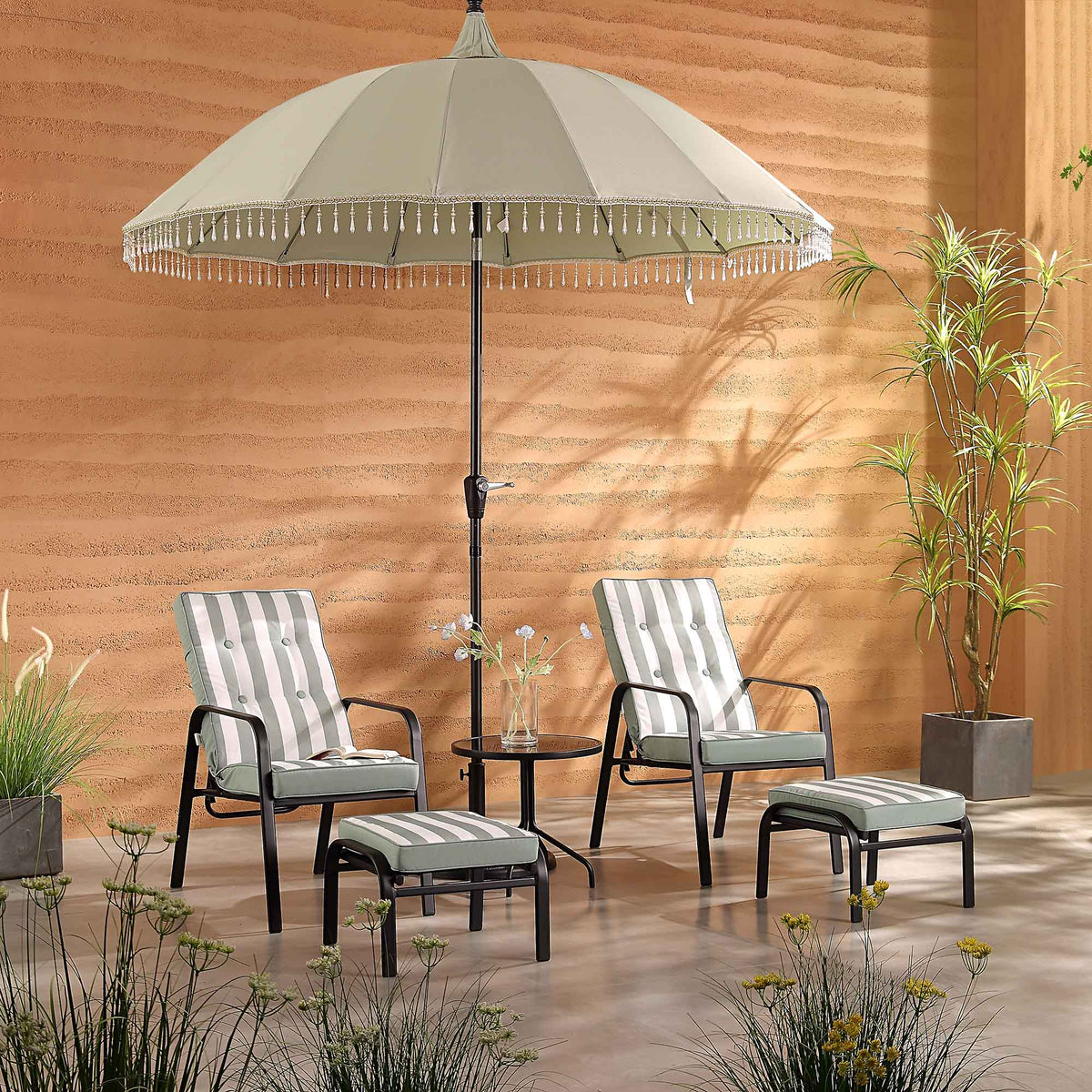 Champneys 2-Seater Steel and Fabric Outdoor Reclining Bistro Set with Stool, Sage Green — garden dining set from 2nd Time Around
