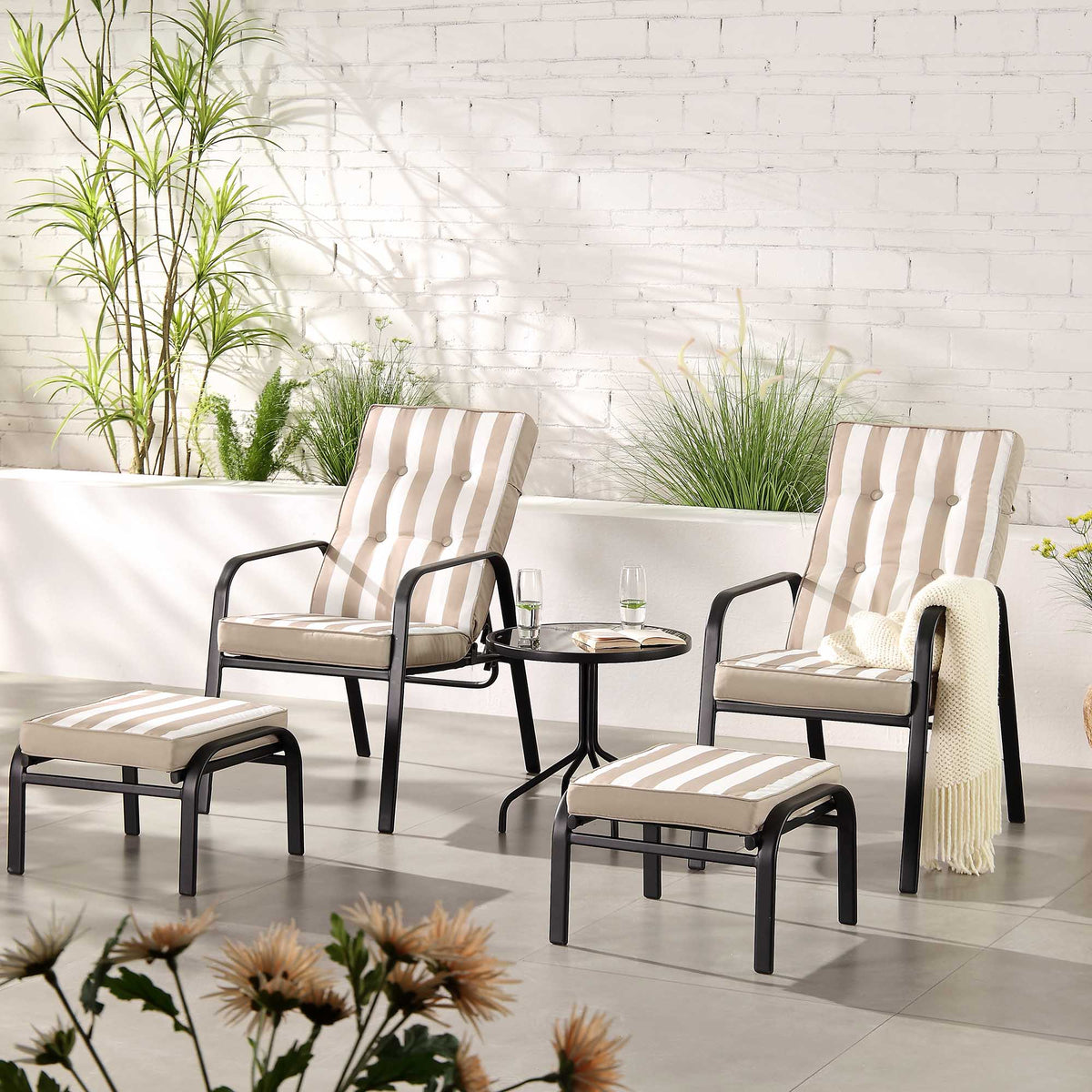 Champneys 2-Seater Steel and Fabric Outdoor Reclining Bistro Set with Stool, Taupe — garden dining set from 2nd Time Around