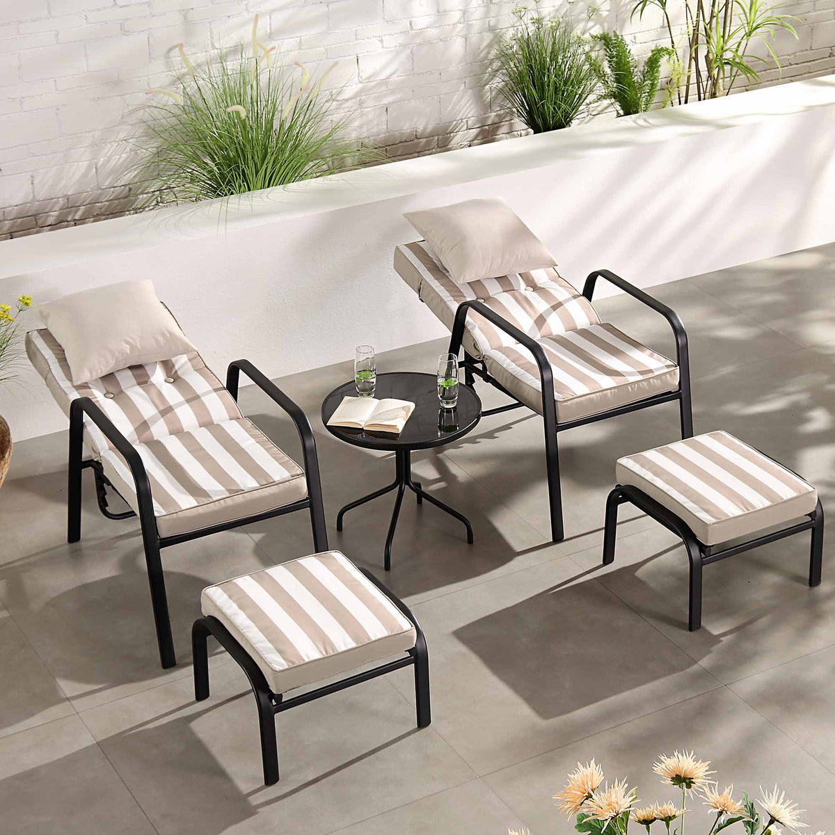 Champneys 2-Seater Steel and Fabric Outdoor Reclining Bistro Set with Stool, Taupe — view 3