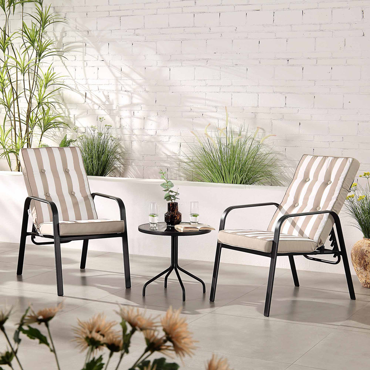 Champneys 2-Seater Steel and Fabric Outdoor Reclining Bistro Set with Stool, Taupe — view 4