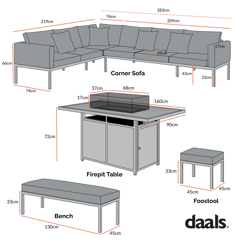Calabasas Large Outdoor Fabric and Aluminium Corner Casual Dining Set with Firepit Table, Taupe — view 4