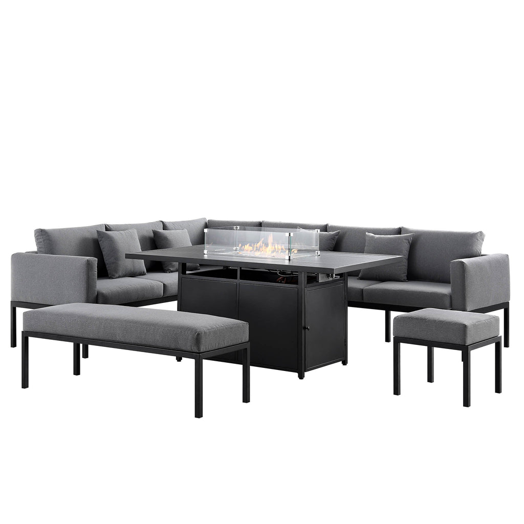 Calabasas Large Outdoor Fabric and Aluminium Corner Casual Dining Set with Firepit Table, Dark Grey — view 4