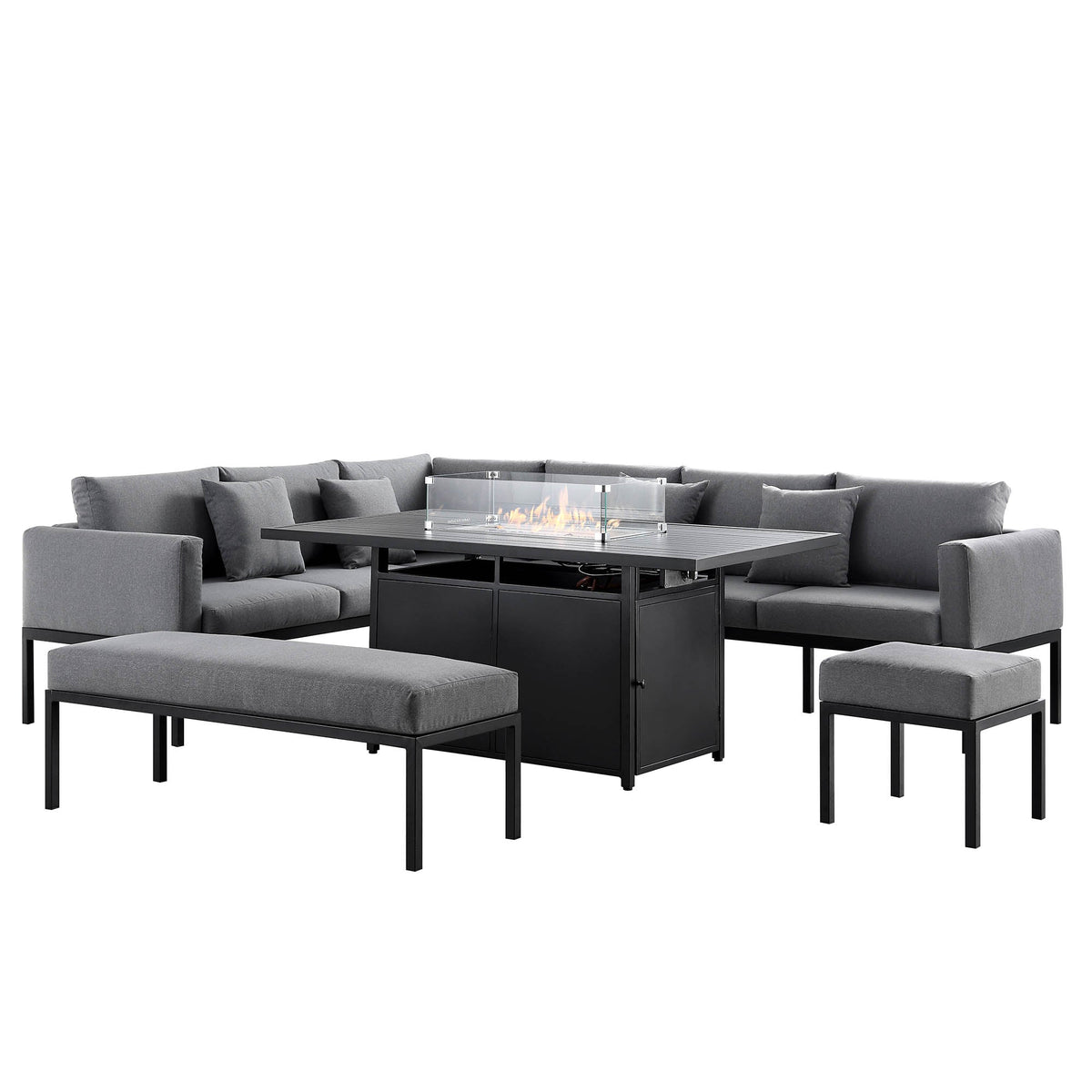 Calabasas Large Outdoor Fabric and Aluminium Corner Casual Dining Set with Firepit Table, Dark Grey — view 4