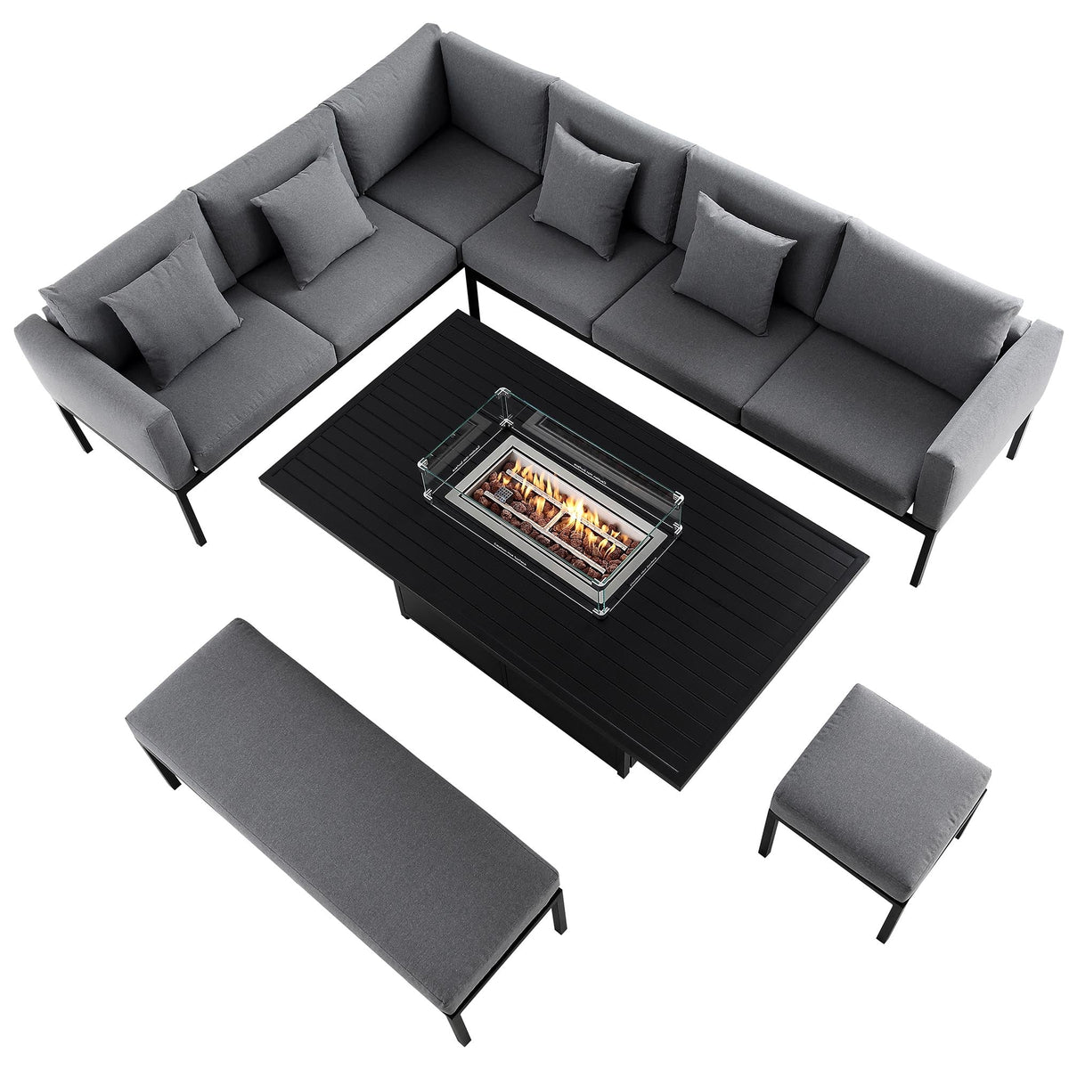 Calabasas Large Outdoor Fabric and Aluminium Corner Casual Dining Set with Firepit Table, Dark Grey — view 5