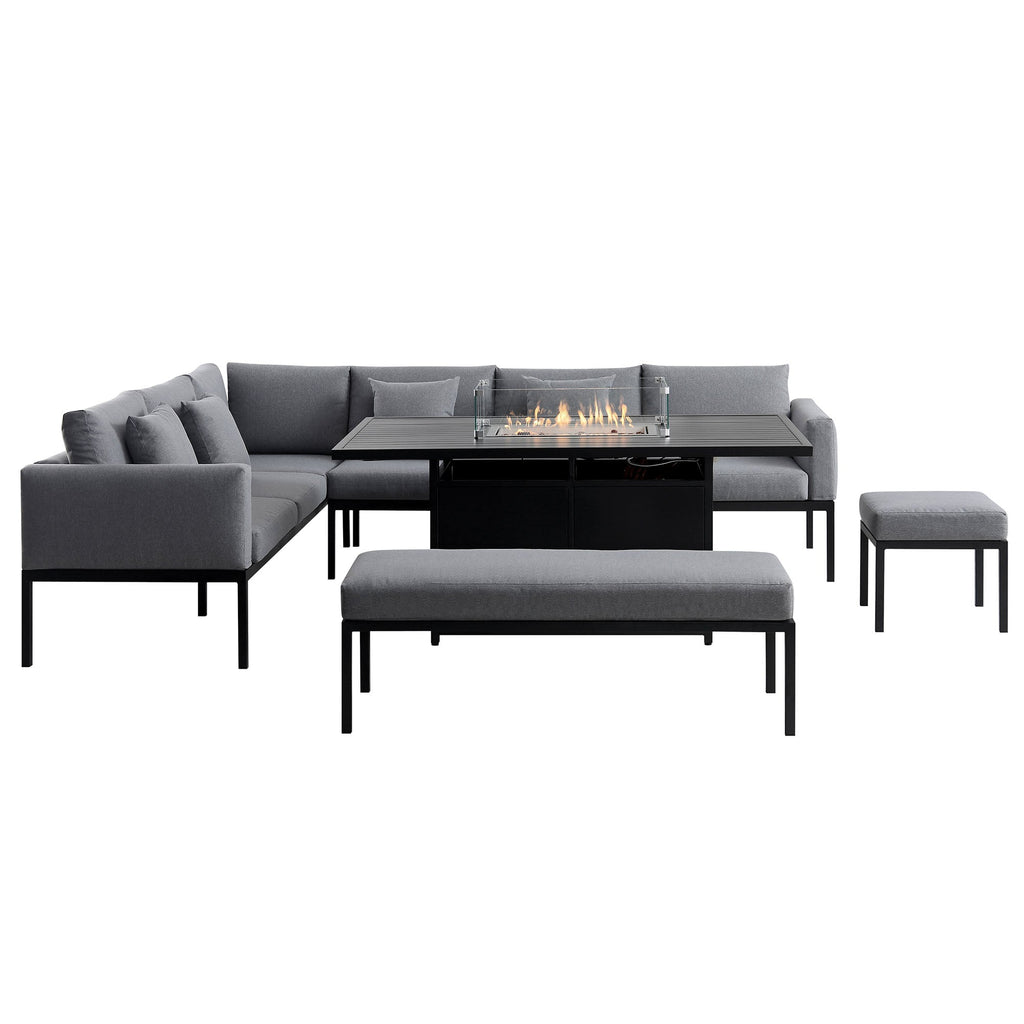 Calabasas Large Outdoor Fabric and Aluminium Corner Casual Dining Set with Firepit Table, Dark Grey — view 7