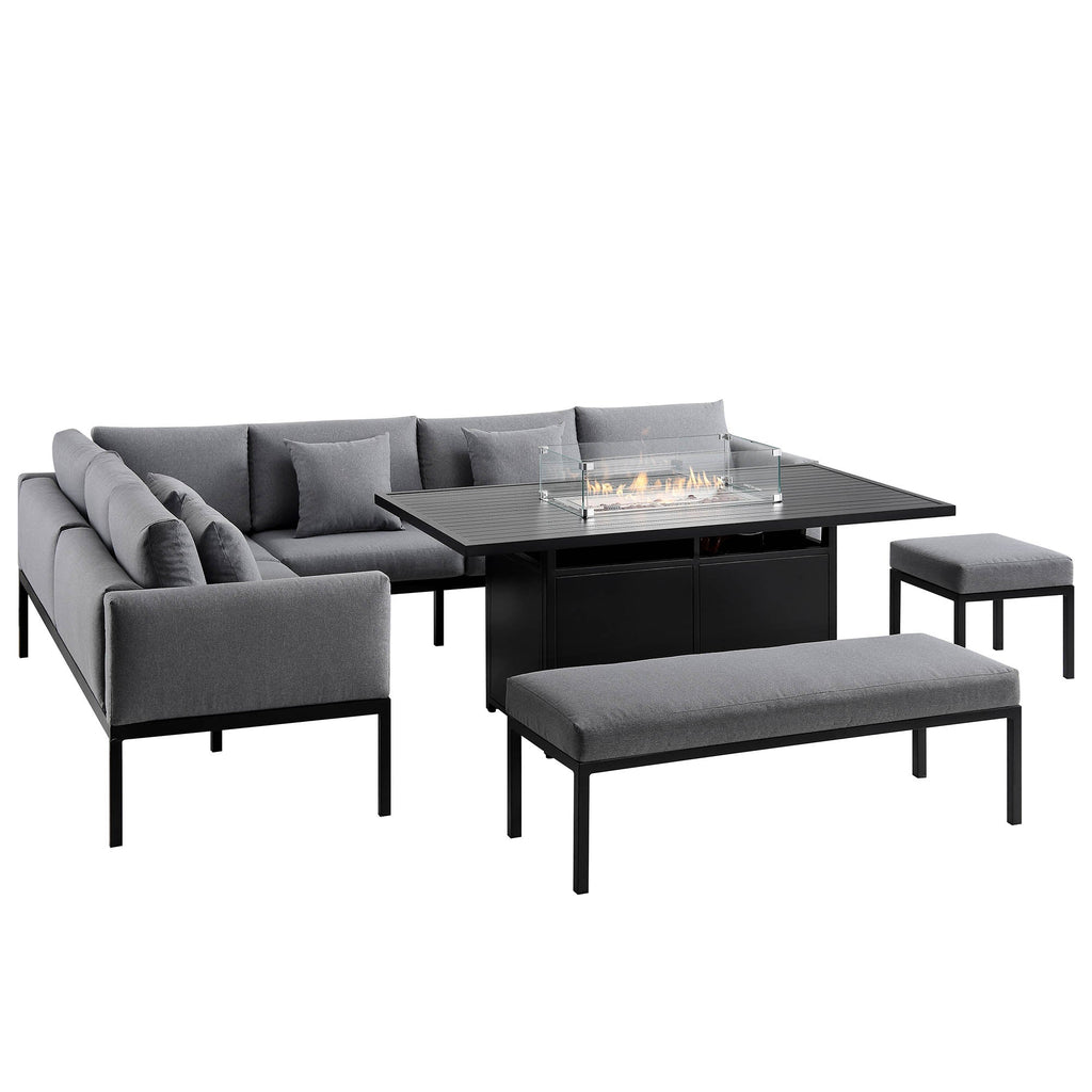 Calabasas Large Outdoor Fabric and Aluminium Corner Casual Dining Set with Firepit Table, Dark Grey — view 8