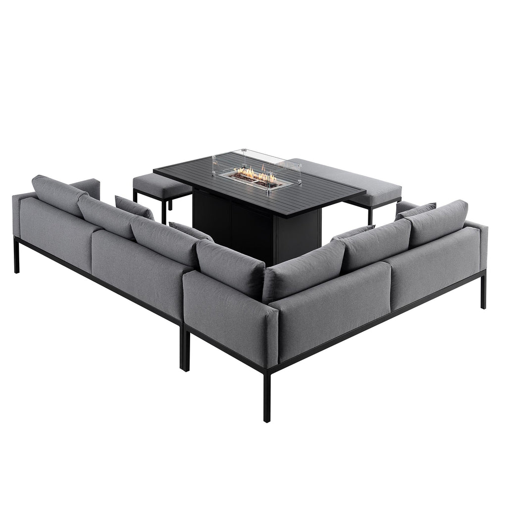 Calabasas Large Outdoor Fabric and Aluminium Corner Casual Dining Set with Firepit Table, Dark Grey — view 9