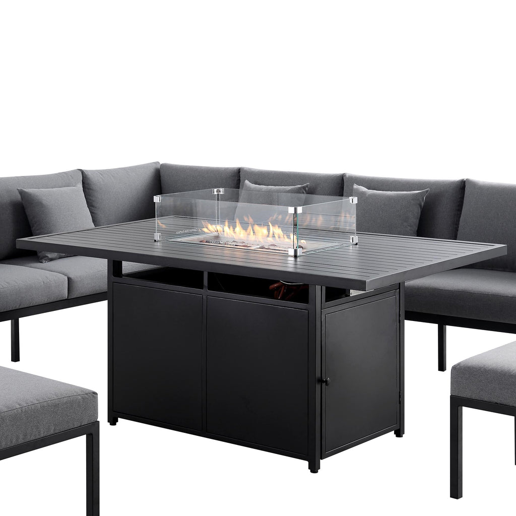 Calabasas Large Outdoor Fabric and Aluminium Corner Casual Dining Set with Firepit Table, Dark Grey — view 10