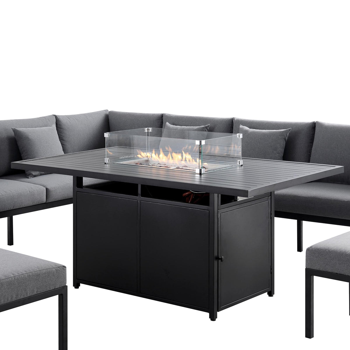 Calabasas Large Outdoor Fabric and Aluminium Corner Casual Dining Set with Firepit Table, Dark Grey — view 10
