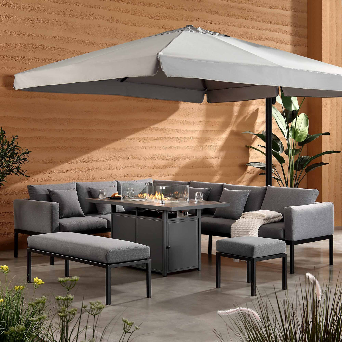 Calabasas Large Outdoor Fabric and Aluminium Corner Casual Dining Set with Firepit Table, Dark Grey — garden dining set from 2nd Time Around