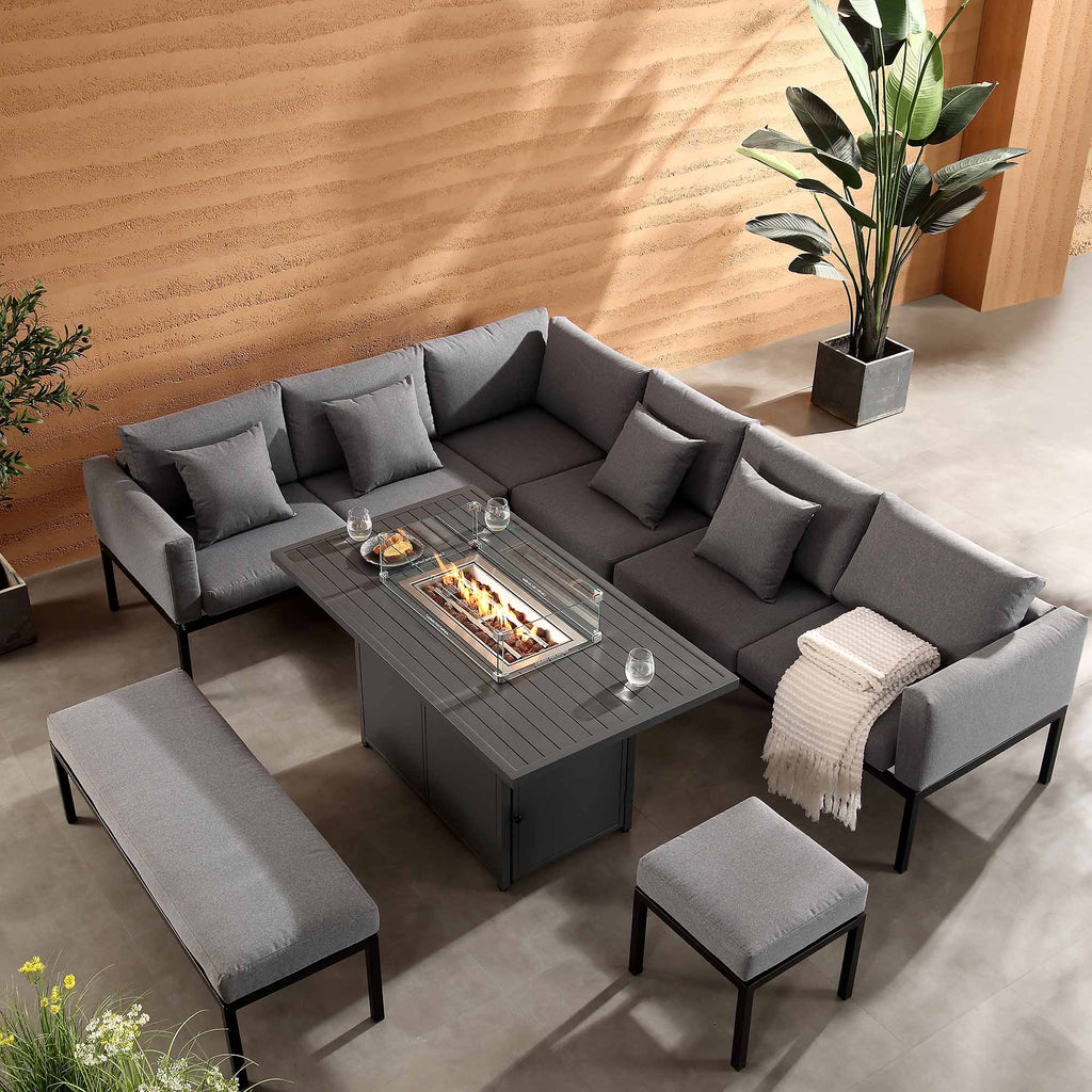 Calabasas Large Outdoor Fabric and Aluminium Corner Casual Dining Set with Firepit Table, Dark Grey — view 2