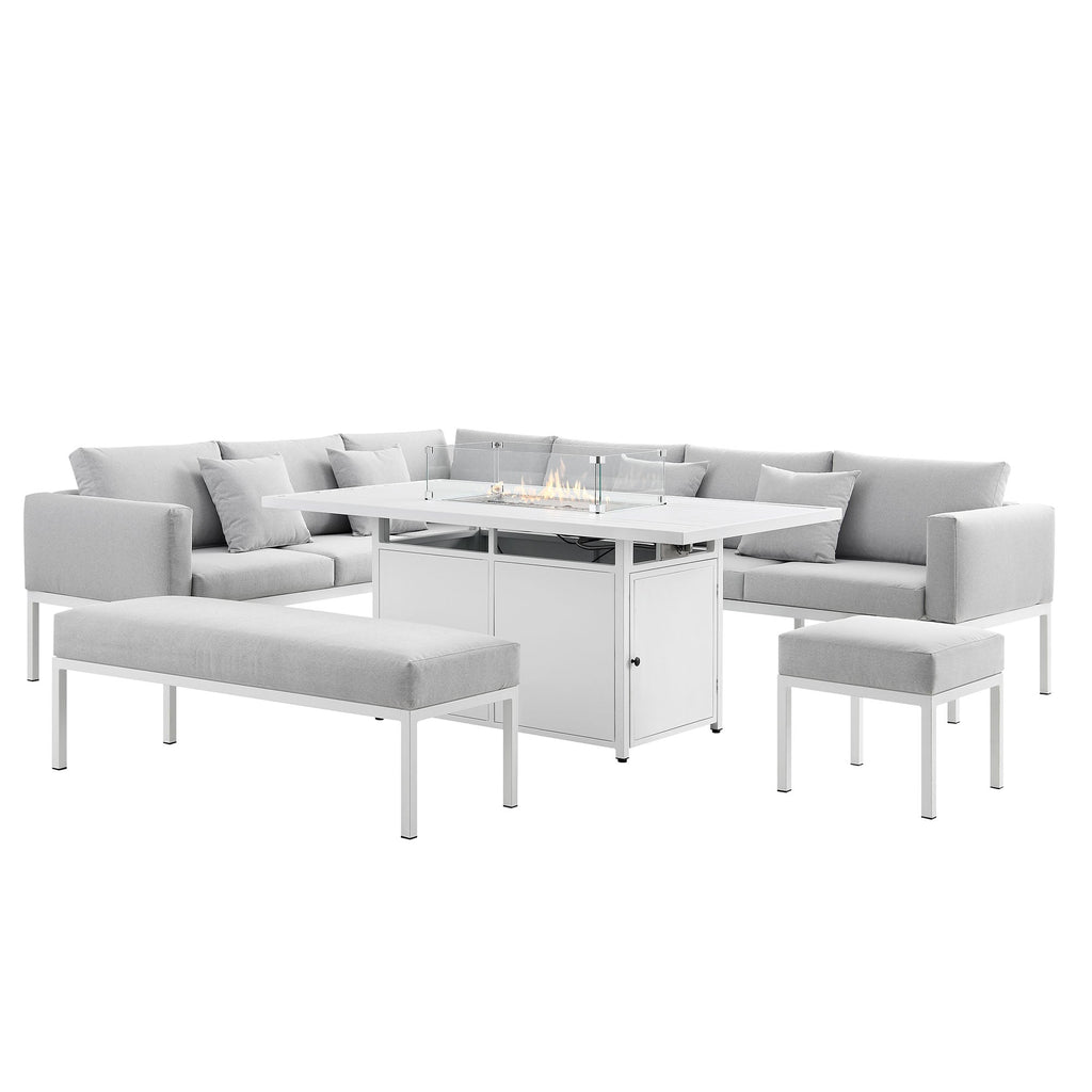 Calabasas Large Outdoor Fabric and Aluminium Corner Casual Dining Set with Firepit Table, Light Grey — view 7