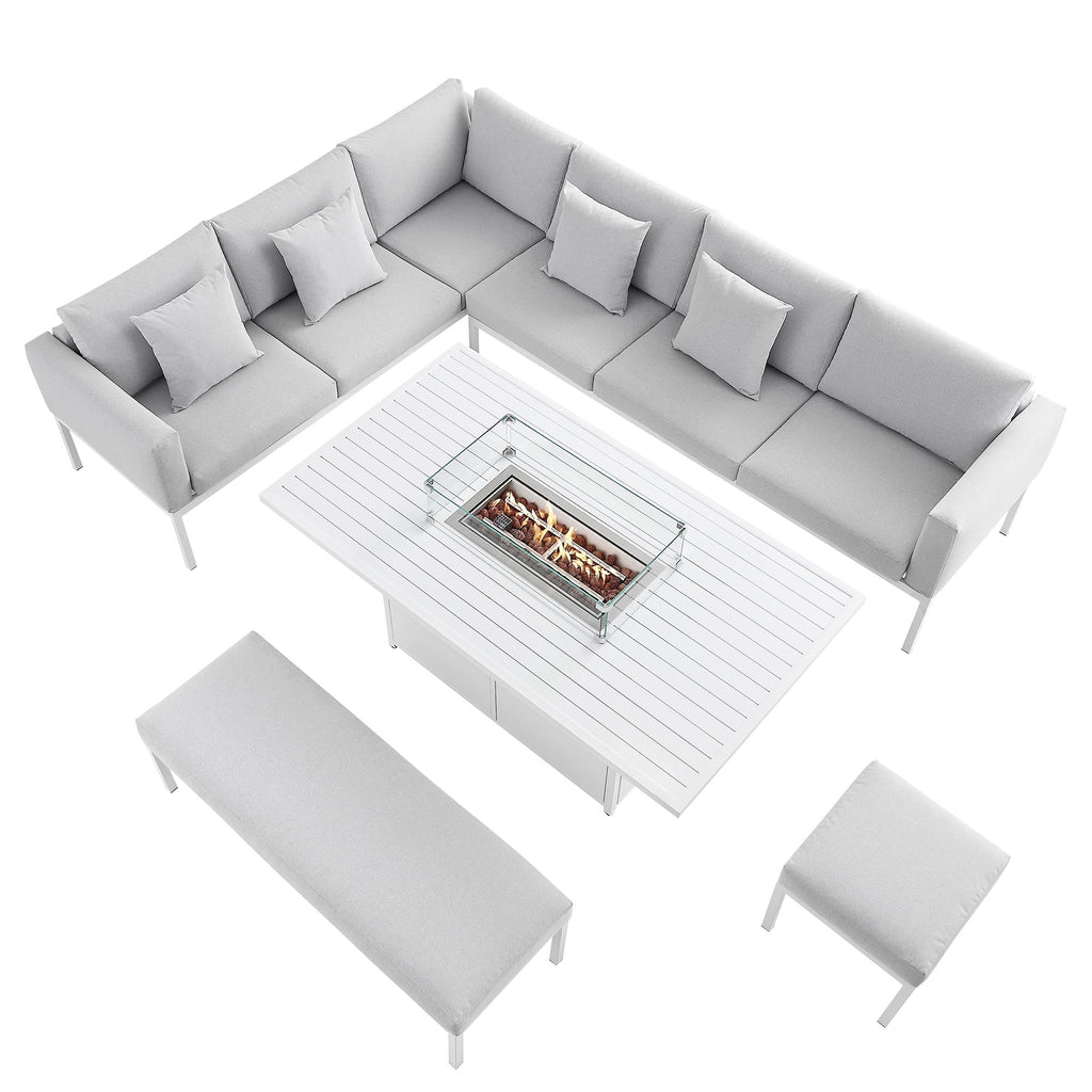 Calabasas Large Outdoor Fabric and Aluminium Corner Casual Dining Set with Firepit Table, Light Grey — view 5