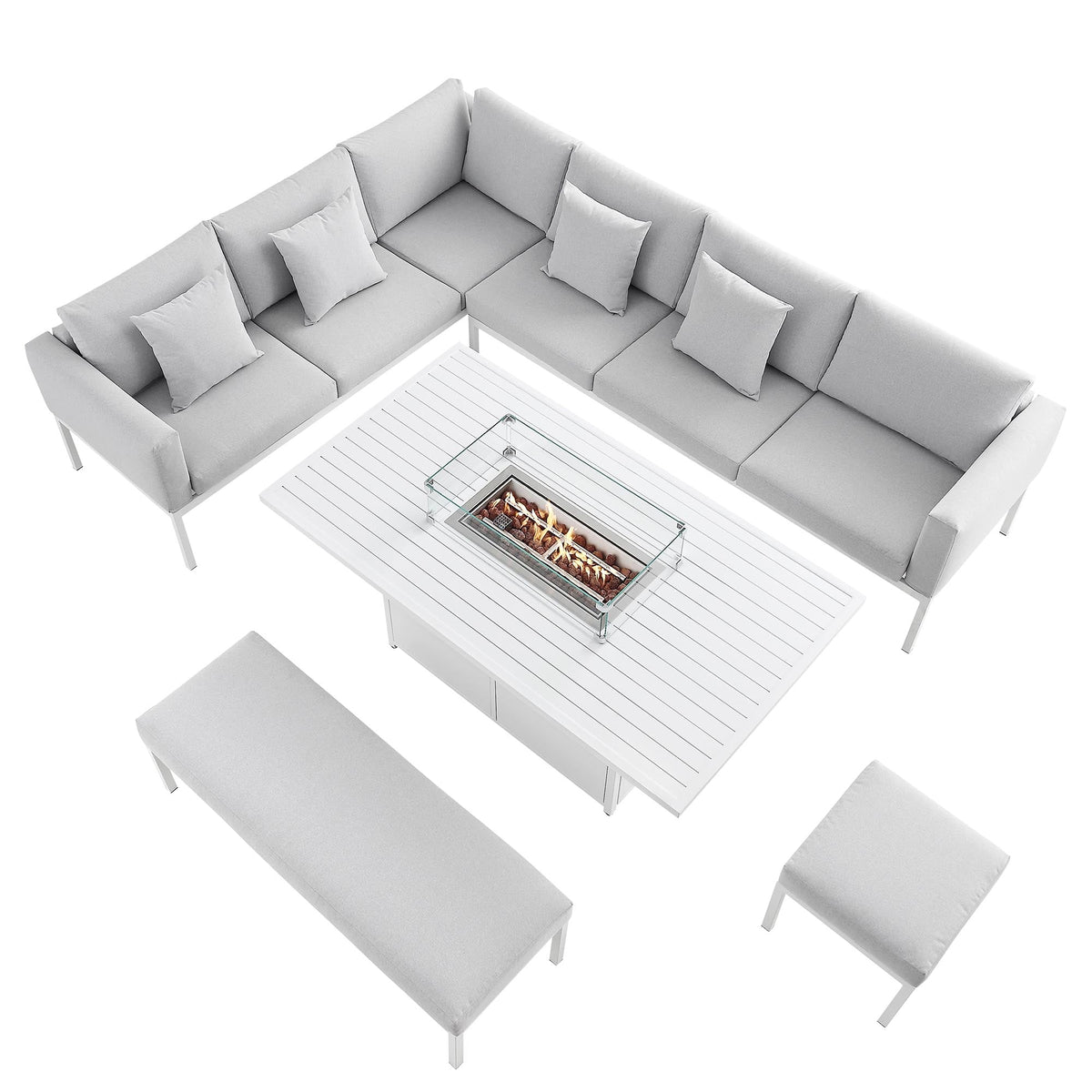 Calabasas Large Outdoor Fabric and Aluminium Corner Casual Dining Set with Firepit Table, Light Grey — view 5