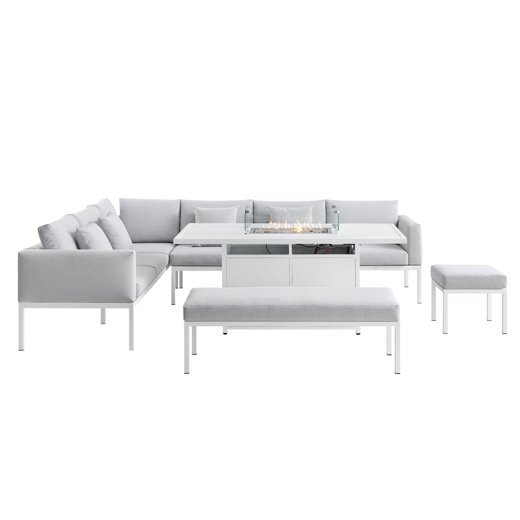 Calabasas Large Outdoor Fabric and Aluminium Corner Casual Dining Set with Firepit Table, Light Grey — view 6