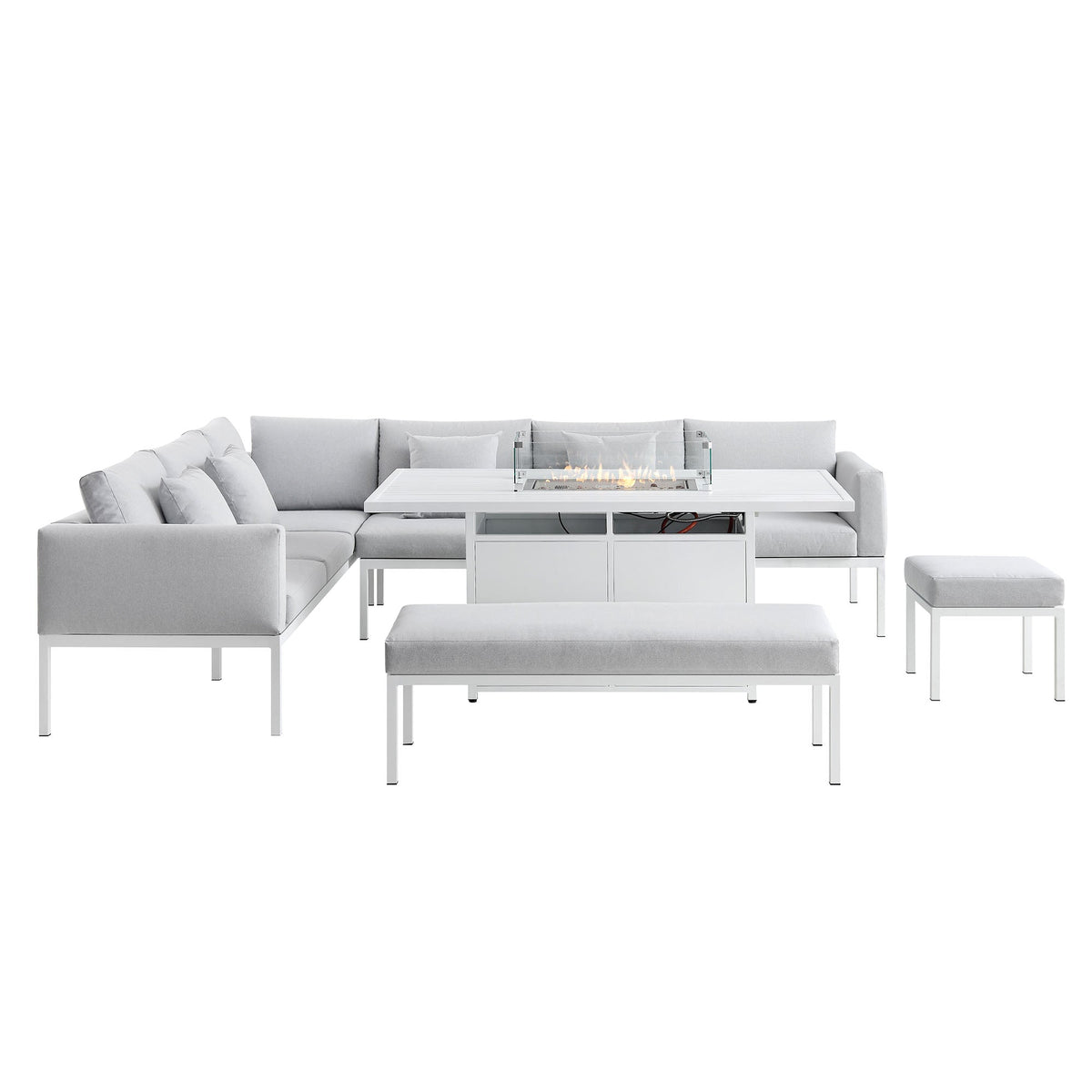 Calabasas Large Outdoor Fabric and Aluminium Corner Casual Dining Set with Firepit Table, Light Grey — view 6