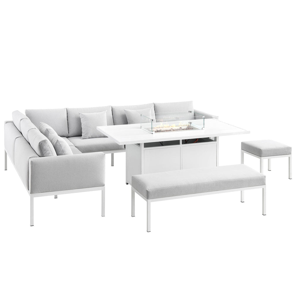 Calabasas Large Outdoor Fabric and Aluminium Corner Casual Dining Set with Firepit Table, Light Grey — view 9