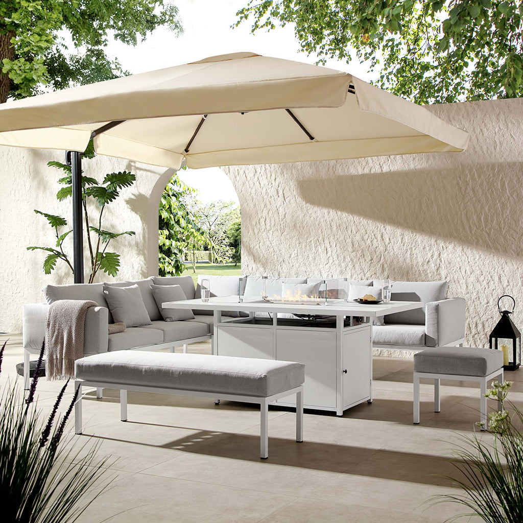 Calabasas Large Outdoor Fabric and Aluminium Corner Casual Dining Set with Firepit Table, Light Grey — garden dining set from 2nd Time Around