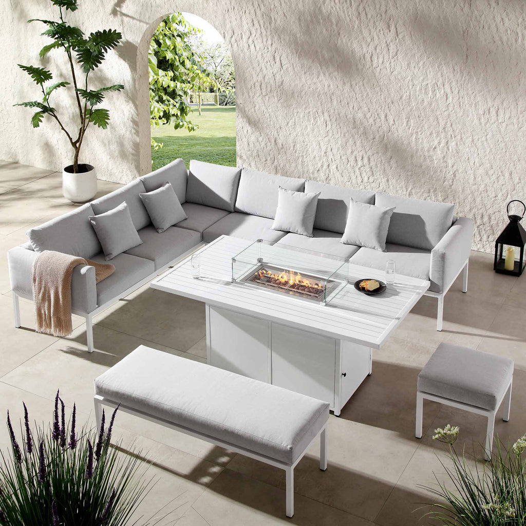 Calabasas Large Outdoor Fabric and Aluminium Corner Casual Dining Set with Firepit Table, Light Grey — view 2