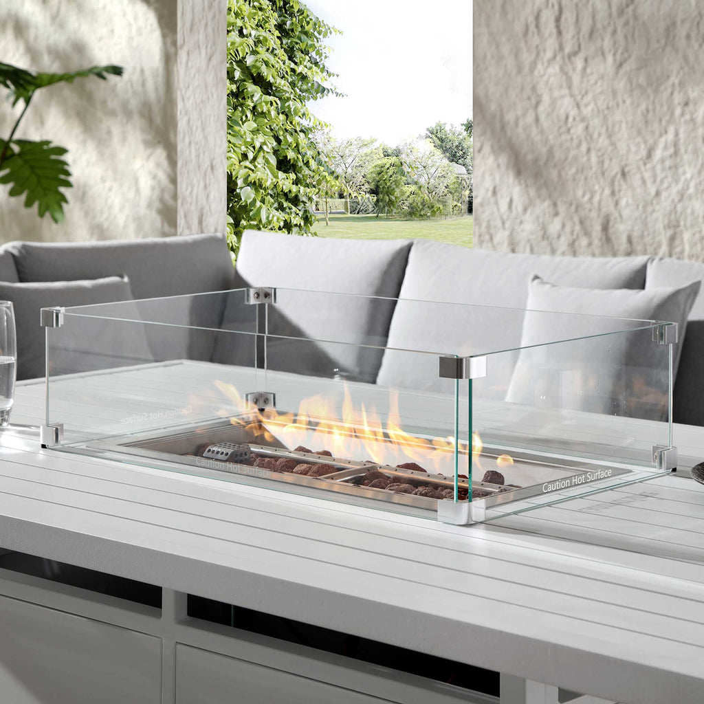 Calabasas Large Outdoor Fabric and Aluminium Corner Casual Dining Set with Firepit Table, Light Grey — view 4