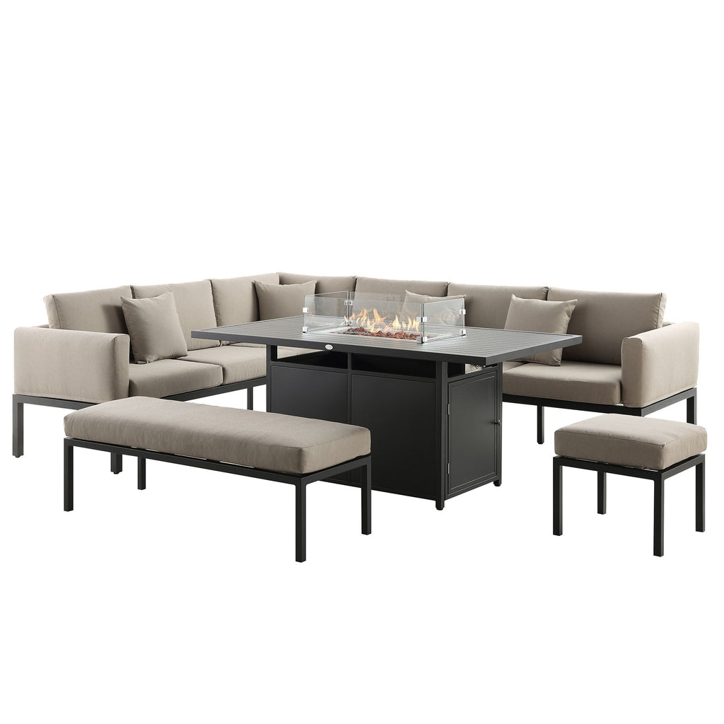 Calabasas Large Outdoor Fabric and Aluminium Corner Casual Dining Set with Firepit Table, Taupe — view 2